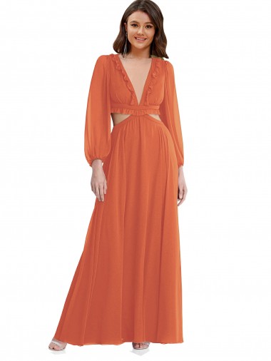Long Sleeves V-Neck Soft Chiffon Firecracker Long High Low Evening Gown / Bridesmaid Dress Leicester