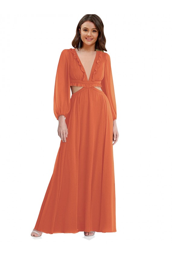 Long Sleeves V-Neck Soft Chiffon Firecracker Long High Low Evening Gown / Bridesmaid Dress Leicester