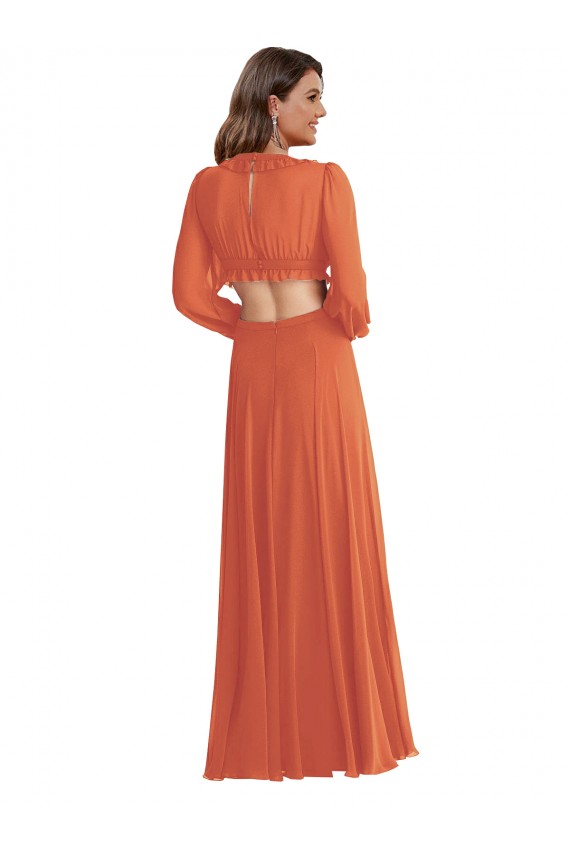 Long Sleeves V-Neck Soft Chiffon Firecracker Long High Low Evening Gown / Bridesmaid Dress Leicester