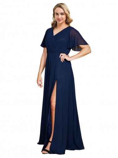 Short Flutter Sleeves V-Neck Soft Chiffon Dark Navy Long Formal Plus Size Evening Gown / Prom Dress / Bridesmaid Dress Leicester