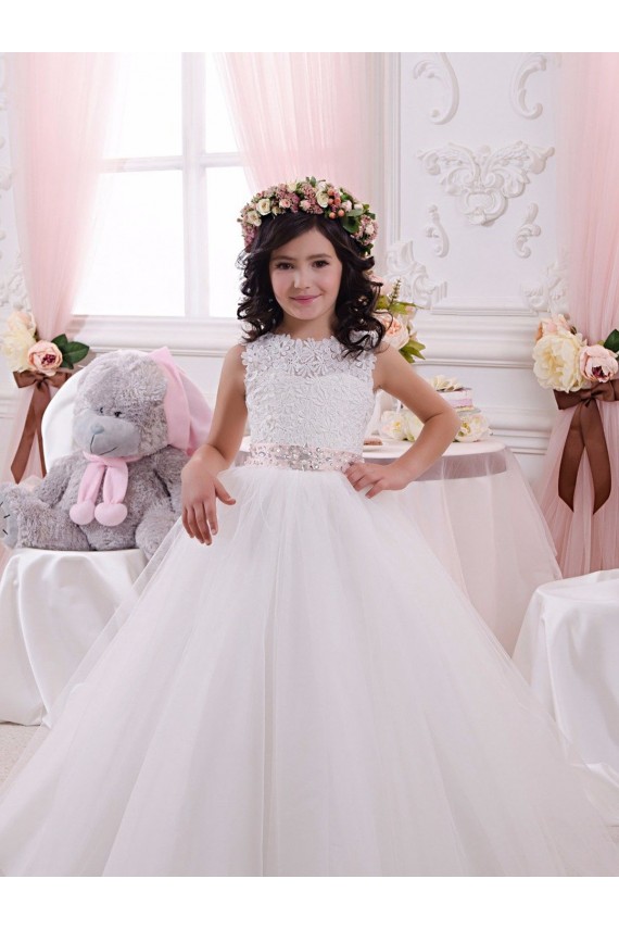 Sleeveless Bateau Neck Tulle & Lace Ivory Chapel Train Flower Girl Dress Leicester