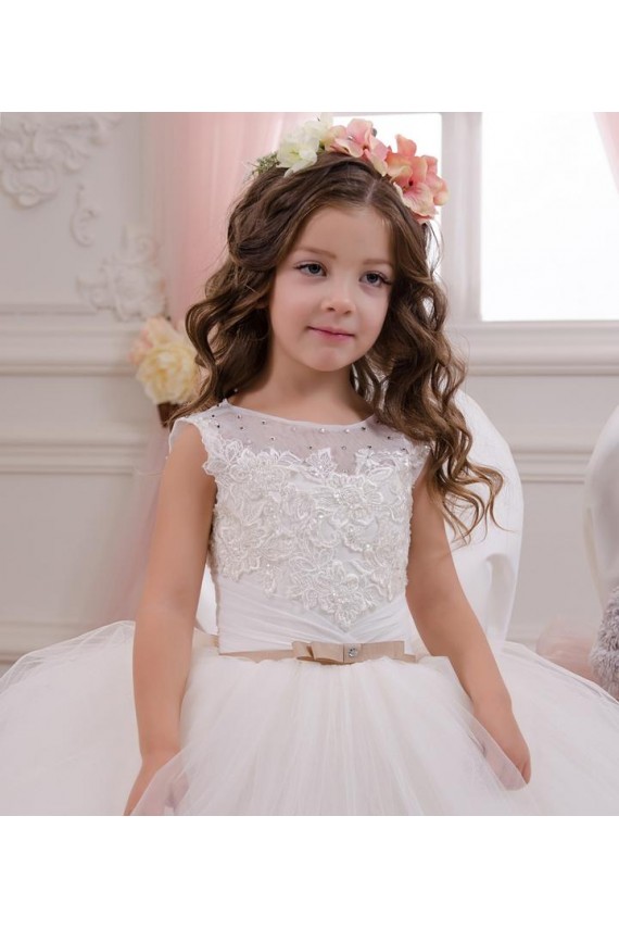 Sleeveless Bateau Neck Tulle & Lace Ivory Chapel Train Flower Girl Wedding Dress Leicester
