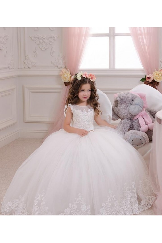 Sleeveless Bateau Neck Tulle & Lace Ivory Chapel Train Flower Girl Wedding Dress Leicester
