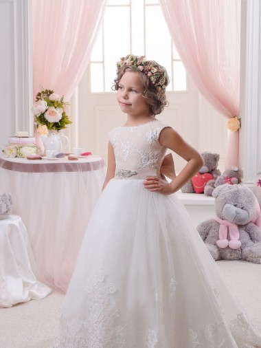 Sleeveless Bateau Neck Tulle & Lace Ivory Chapel Train Flower Girl Dresses Leicester