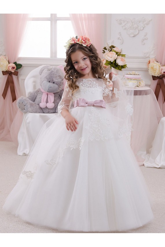 Sleeveless Bateau Neck Tulle & Lace Ivory Ball Gowns Chapel Train Flower Girl Dress Leicester