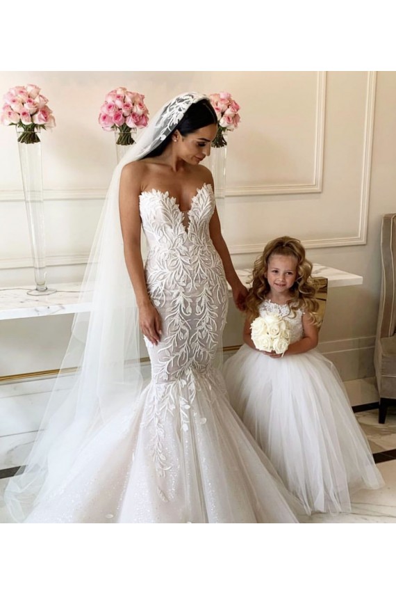 Sleeveless Bateau Neck Tulle & Lace Ivory Ball Gown Chapel Train Flower Girl Dress Leicester