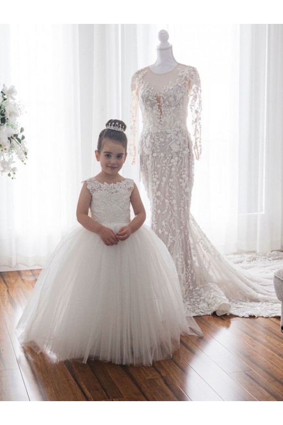 Sleeveless Bateau Neck Tulle & Lace Ivory Ball Gown Chapel Train Flower Girl Dress Leicester