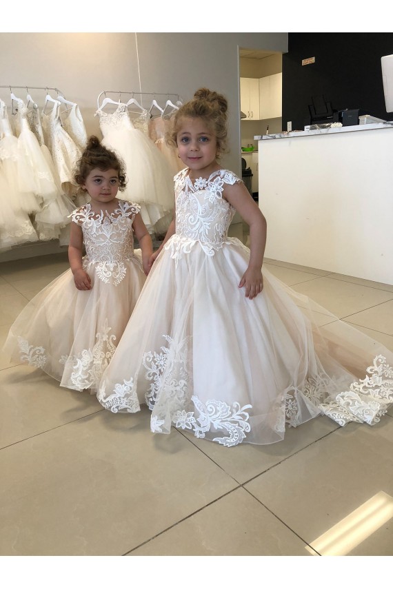 Sleeveless Bateau Neck Tulle & Lace Ivory Chapel Train Little Flower Girl Dress Leicester