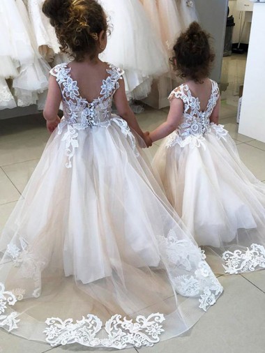 Sleeveless Bateau Neck Tulle & Lace Ivory Chapel Train Little Flower Girl Dress Leicester