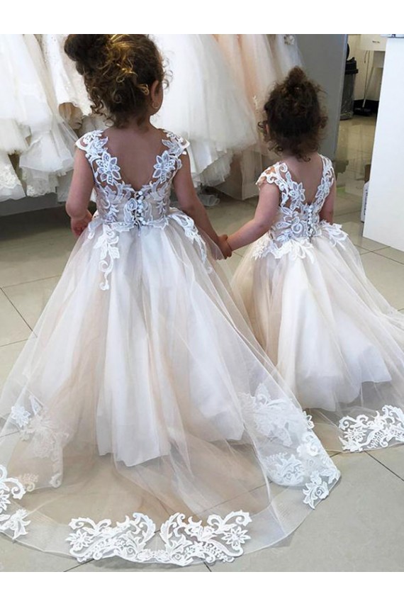 Sleeveless Bateau Neck Tulle & Lace Ivory Chapel Train Little Flower Girl Dress Leicester