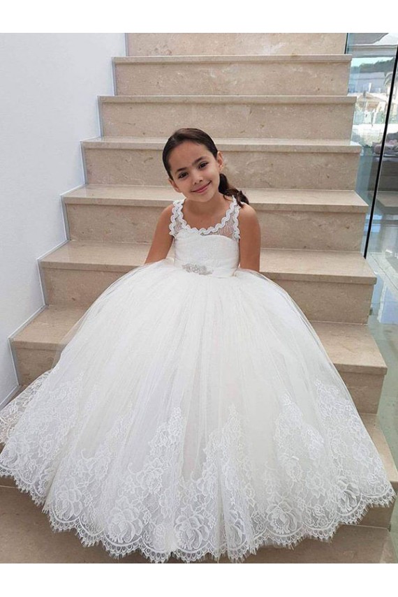 Sleeveless High Neck Tulle & Lace Ivory Long Flower Girl Dress for Wedding Leicester