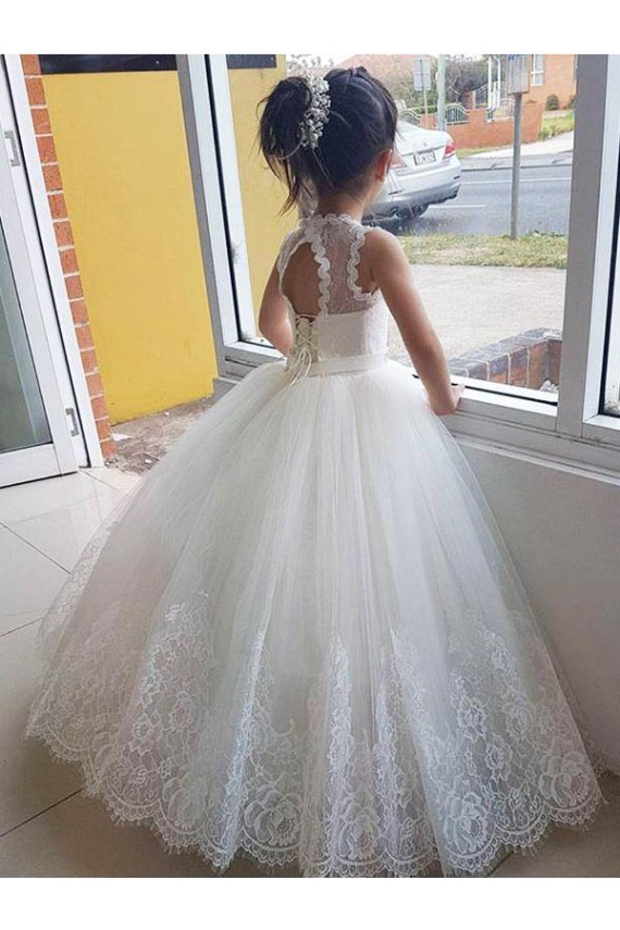 Sleeveless High Neck Tulle & Lace Ivory Long Flower Girl Dress for Wedding Leicester