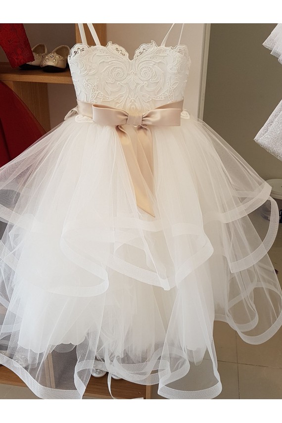 Sleeveless High Neck Tulle & Lace Ivory Long Flower Girl Wedding Dress Leicester