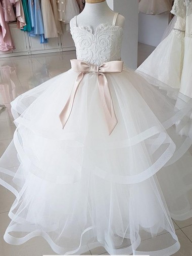 Sleeveless High Neck Tulle & Lace Ivory Long Flower Girl Wedding Dress Leicester