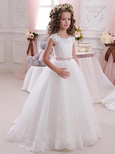 Cap Sleeves High Neck Tulle & Lace Ivory Long Flower Girl Dress Leicester