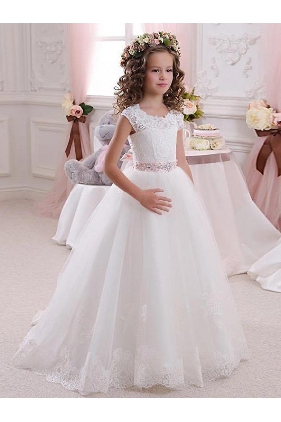 Cap Sleeves High Neck Tulle & Lace Ivory Long Flower Girl Dress Leicester