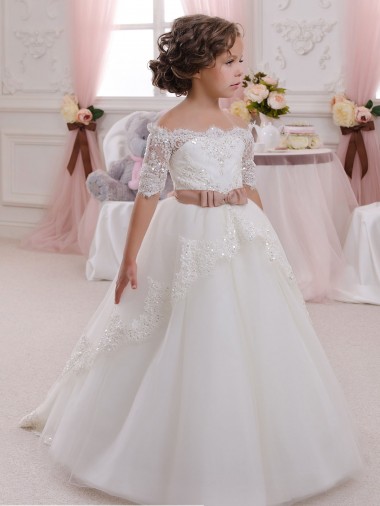 Short Sleeves High Neck Tulle & Lace Ivory Long Flower Girl Dresses Leicester