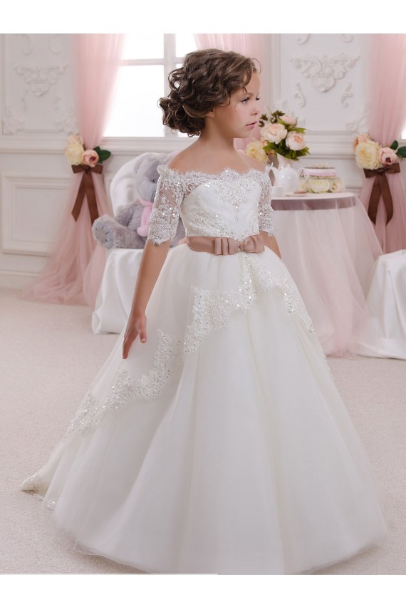 Short Sleeves High Neck Tulle & Lace Ivory Long Flower Girl Dresses Leicester