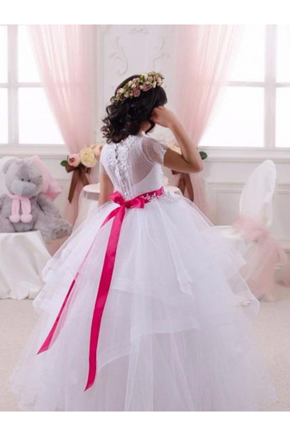Short Sleeves Sweetheart Tulle & Lace Ivory Long Little Flower Girl Dress Leicester