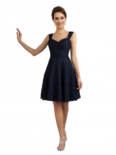 Sleeveless Sweetheart Lace Dark Navy Knee Length Bridesmaid Dresses Leicester