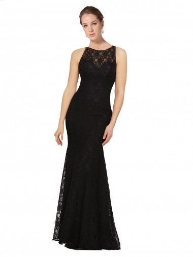 Sleeveless Jewel Neck Lace Black Long Bridesmaid Dress Leicester