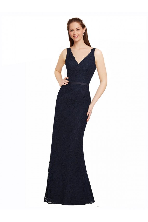Sleeveless V-Neck Lace Dark Navy Long Bridesmaid Dress Leicester