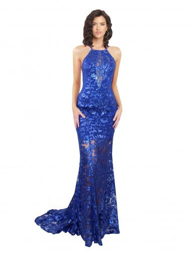 Sleeveless High Neck Lace Royal Blue Long Semi Formal Evening Dress / Prom Dress / Bridesmaid Dress Leicester