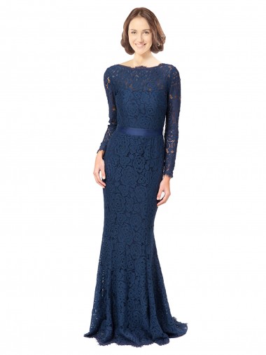 Long Sleeves Jewel Neck Lace Dark Navy Sweep Train Bridesmaid Dress Leicester