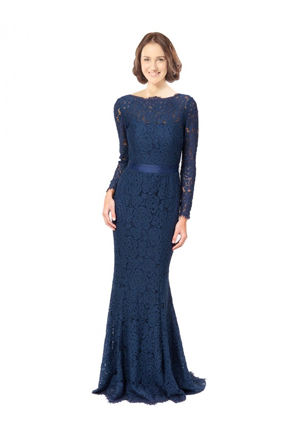 Long Sleeves Jewel Neck Lace Dark Navy Sweep Train Bridesmaid Dress Leicester