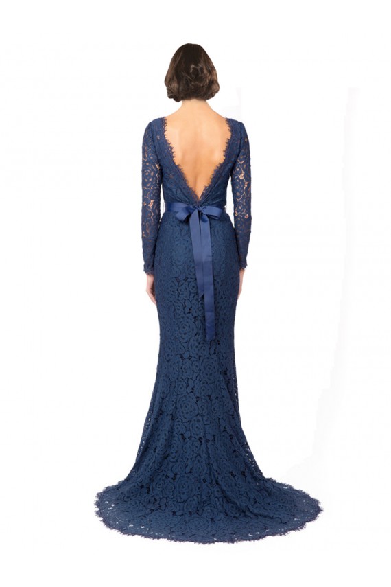 Long Sleeves Jewel Neck Lace Dark Navy Sweep Train Bridesmaid Dress Leicester