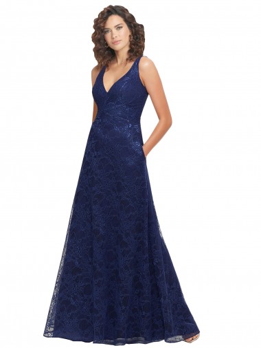 Sleeveless V-Neck Lace Dark Navy A-Line Long Bridesmaid Dress Leicester