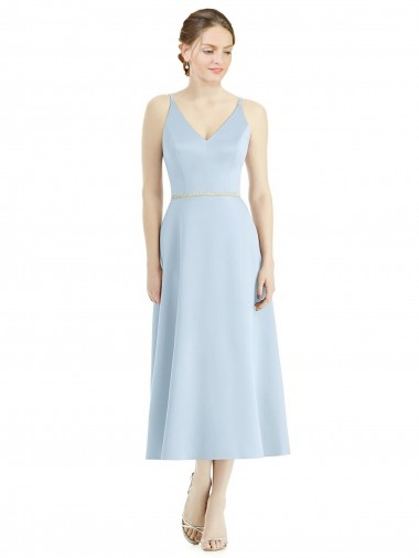 Sleeveless V-Neck Satin Light Sky Blue Tea Length Bridesmaid Dress Leicester