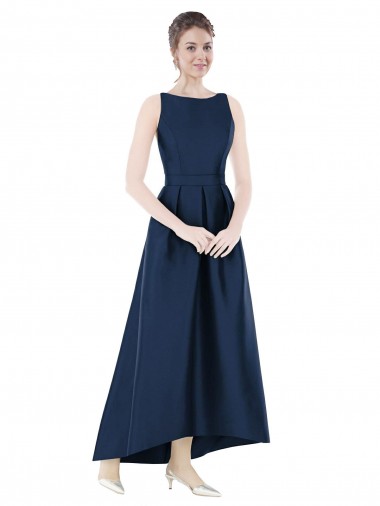 Sleeveless Bateau Neck Satin Dark Navy Long High Low Bridesmaid Dress Leicester