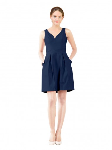 Sleeveless V-Neck Satin Dark Navy Knee Length Bridesmaid Gown Leicester