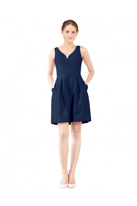 Sleeveless V-Neck Satin Dark Navy Knee Length Bridesmaid Gown Leicester