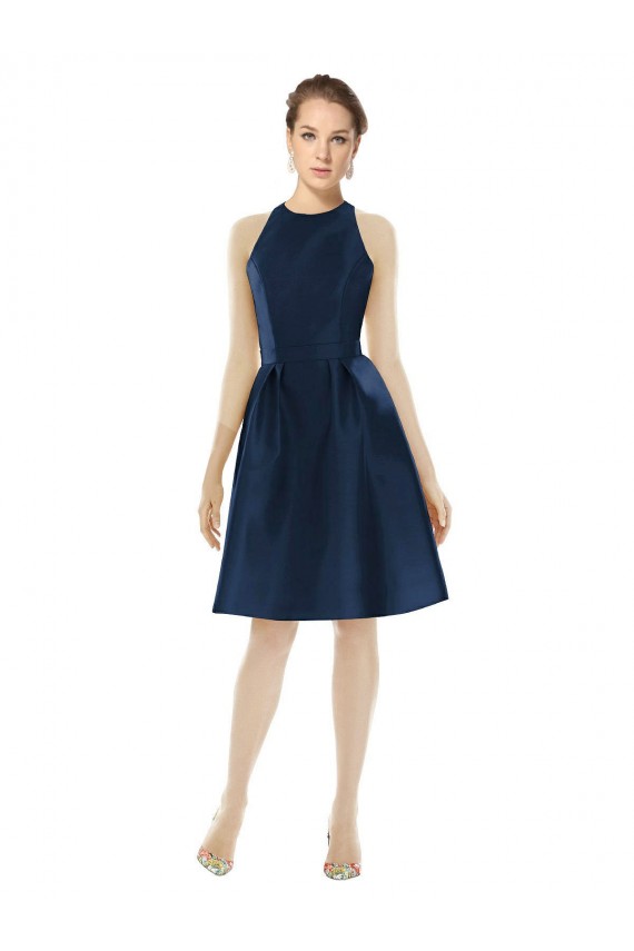 Sleeveless Halter Neck Satin Dark Navy Cocktail Length Bridesmaid Dress Leicester