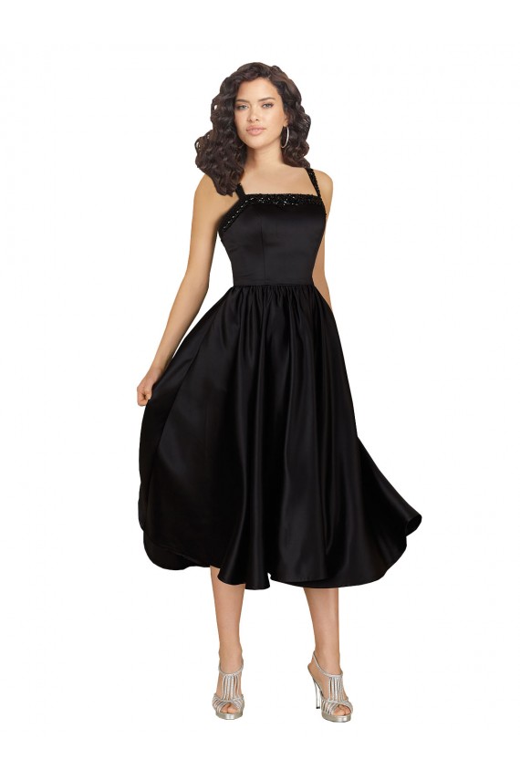 Sleeveless Square Neck Satin Black Knee Length Prom Dress / Bridesmaid Dress Leicester