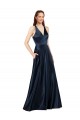 Sleeveless V-Neck Satin Dark Navy Long Formal Evening Gown / Prom Dress / Bridesmaid Dress Leicester