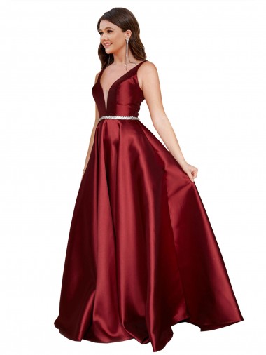 Sleeveless V-Neck Satin Burgundy Long Formal Plus Size Evening Gown / Prom Dress / Bridesmaid Dress Leicester