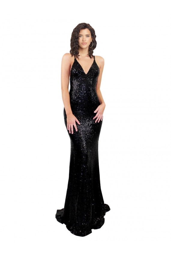 Sleeveless V-Neck Sequin Black Long Black Tie Evening Gown / Prom Dress / Bridesmaid Dress Leicester
