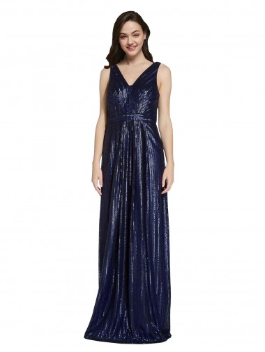 Sleeveless V-Neck Sequin Dark Navy Sheath Long Formal Evening Gown / Prom Dress / Bridesmaid Dress Leicester