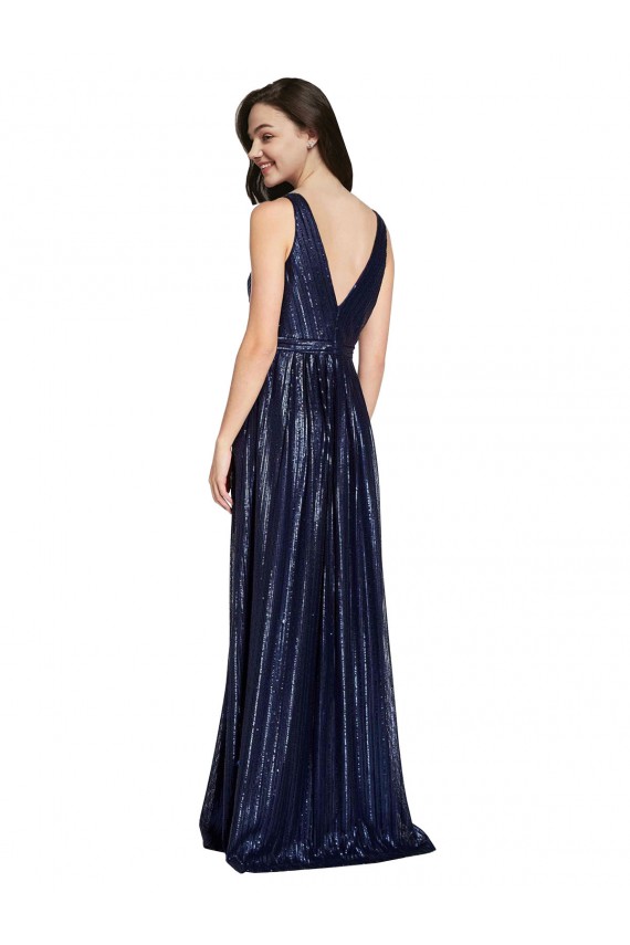 Sleeveless V-Neck Sequin Dark Navy Sheath Long Formal Evening Gown / Prom Dress / Bridesmaid Dress Leicester