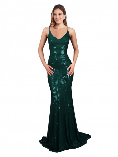 Sleeveless V-Neck Sequin Dark Green Mermaid Long Formal Evening Gown / Prom Dress / Bridesmaid Dress Leicester