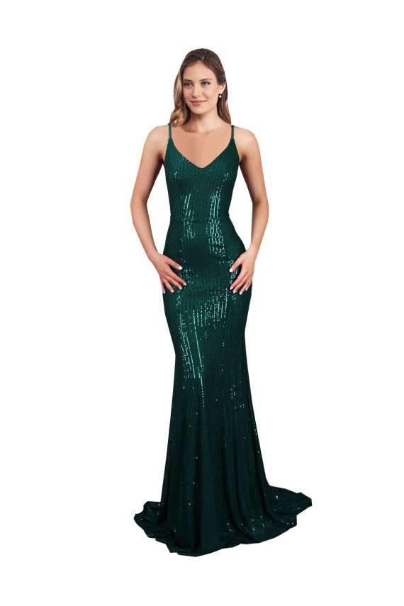 Sleeveless V-Neck Sequin Dark Green Mermaid Long Formal Evening Gown / Prom Dress / Bridesmaid Dress Leicester