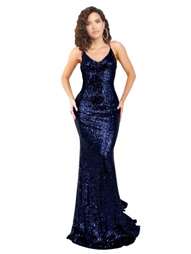 Sleeveless V-Neck Sequin Dark Navy Long Formal Evening Gown / Prom Dress / Bridesmaid Dress Leicester