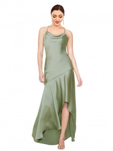 Sleeveless Cowl Neck Silk like Satin Smoke Green Long High Low Evening Gown / Prom Dress / Bridesmaid Dress Leicester