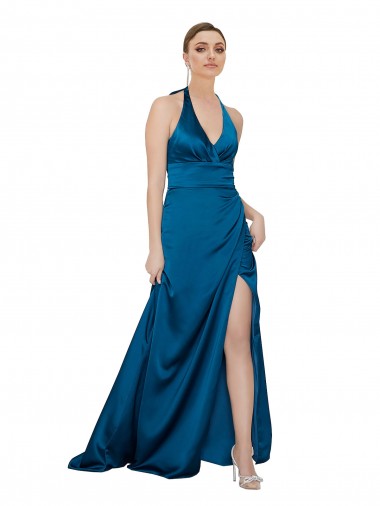 Sleeveless Halter Neck Silk like Satin Peacock Blue Long Formal Evening Gown / Prom Dress / Bridesmaid Dress Leicester
