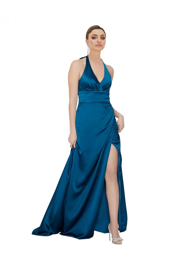 Sleeveless Halter Neck Silk like Satin Peacock Blue Long Formal Evening Gown / Prom Dress / Bridesmaid Dress Leicester