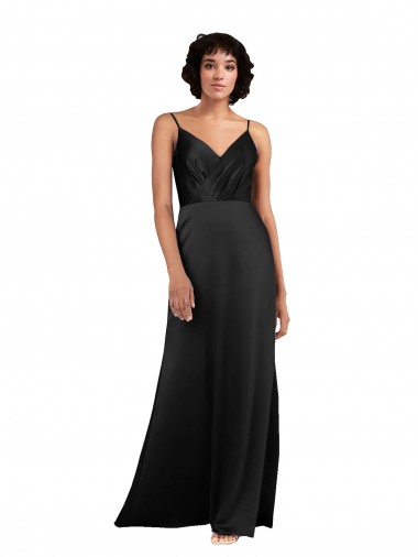 Sleeveless V-Neck Silk like Satin Black Column Long Formal Evening Gown / Prom Dress / Bridesmaid Dress Leicester