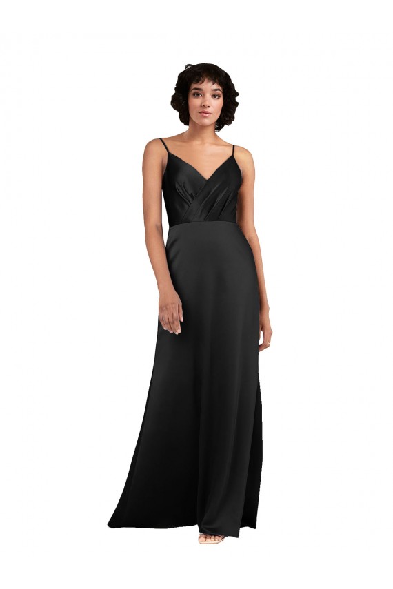 Sleeveless V-Neck Silk like Satin Black Column Long Formal Evening Gown / Prom Dress / Bridesmaid Dress Leicester